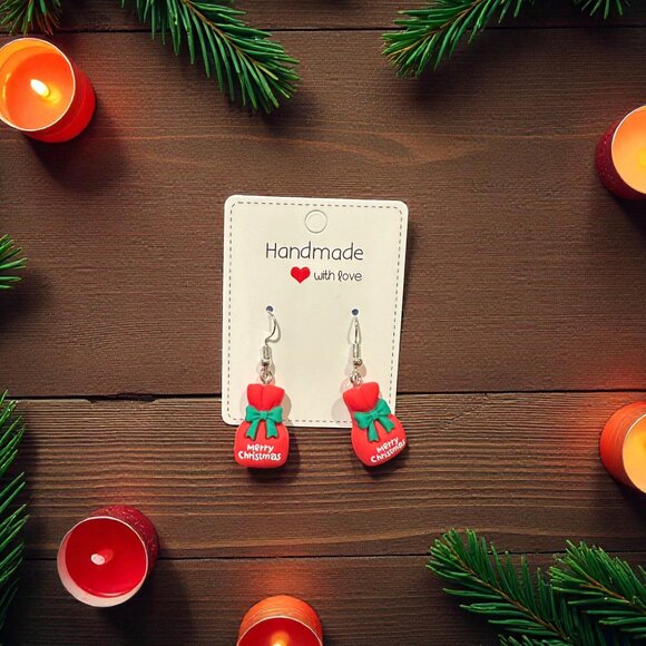 Handmade Christmas Gift Bag Earrings | Polymer Clay Holiday Jewelry - Picture 11 of 12